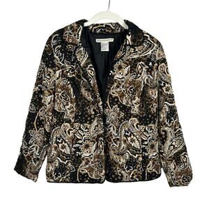 Vintage Quilted Floral Paisley Zip Up Jacket Womens M Black Tan Neutral